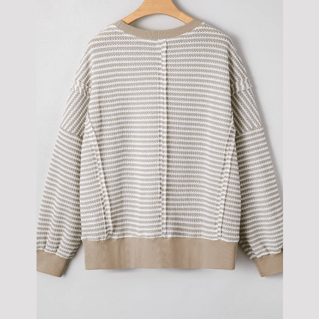 Dayna Khaki Stripe Ribbed Trim Drop Shoulder Long Sleeve Oversize Top