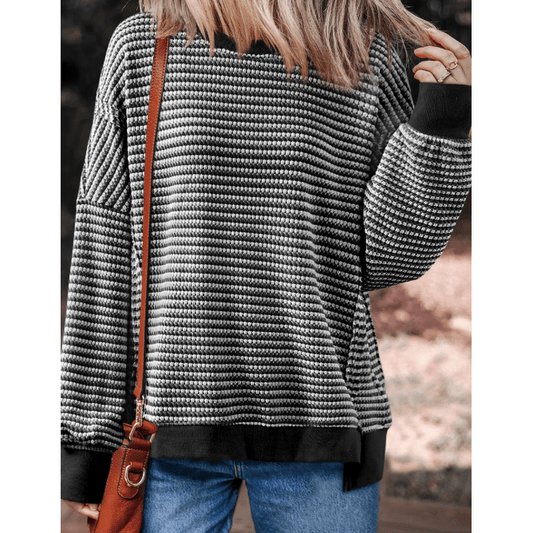 Dayna Black Stripe Ribbed Trim Drop Shoulder Long Sleeve Oversize Top