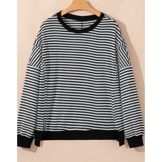 Dayna Black Stripe Ribbed Trim Drop Shoulder Long Sleeve Oversize Top