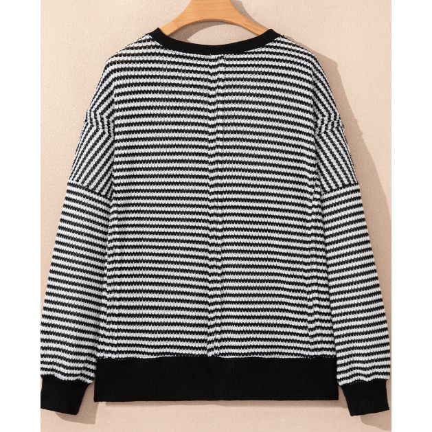 Dayna Black Stripe Ribbed Trim Drop Shoulder Long Sleeve Oversize Top