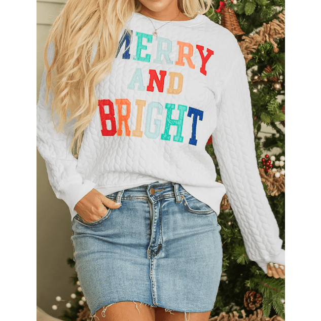 White Merry And Bright Cable Knit Pullover Sweatshirt