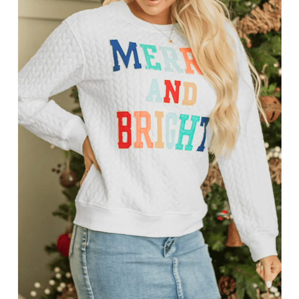 White Merry And Bright Cable Knit Pullover Sweatshirt