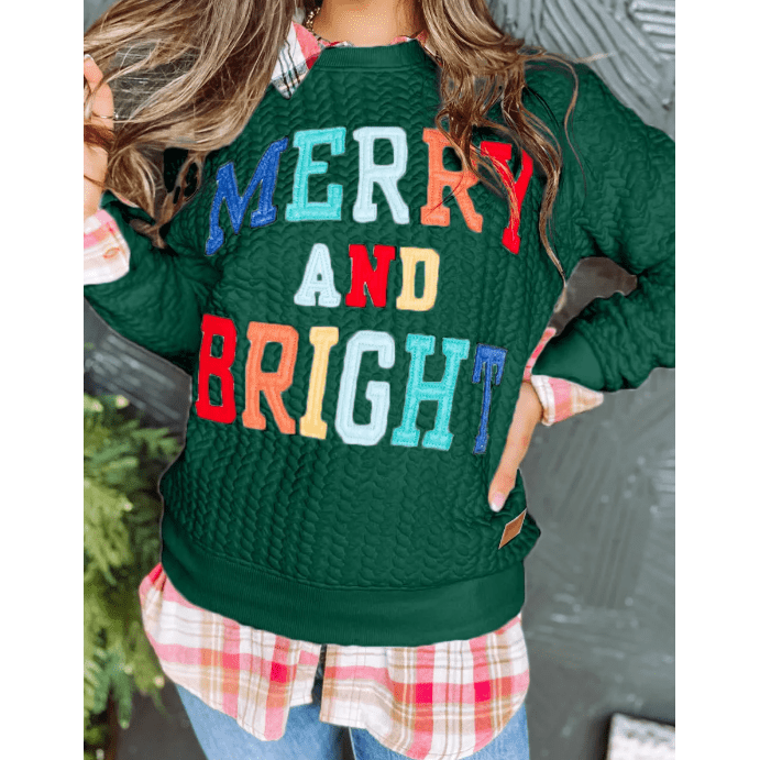 Green Merry And Bright Cable Knit Pullover Sweatshirt