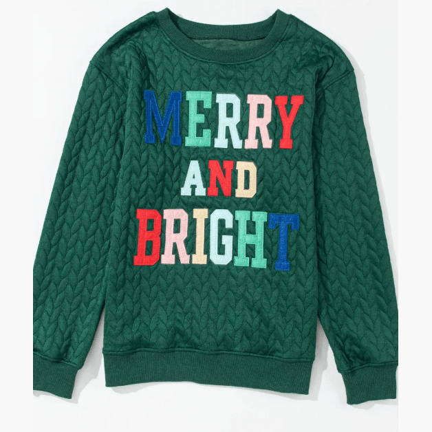 Green Merry And Bright Cable Knit Pullover Sweatshirt