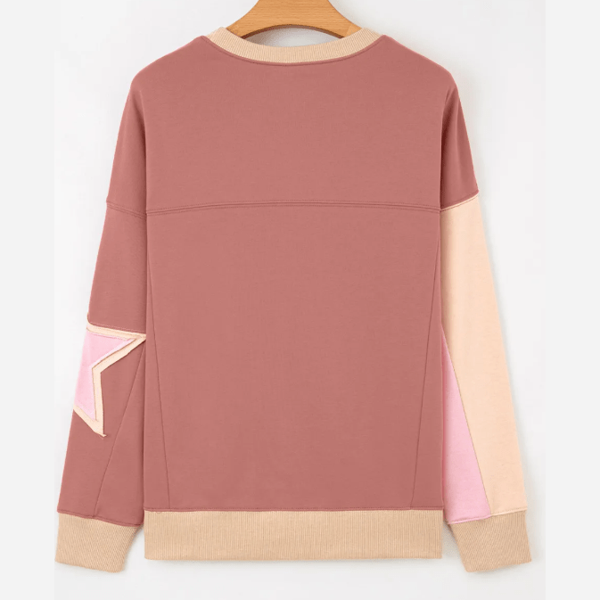 Blakelyn PInk Contrast Star Patchwork Exposed Seam Uneven Hem Drop Shoulder Sweatshirt