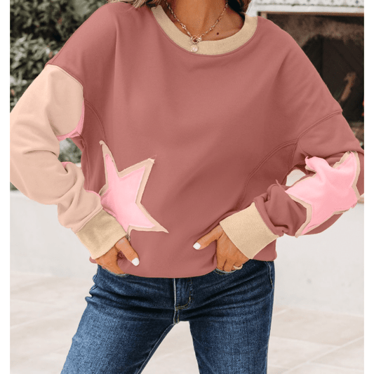 Blakelyn PInk Contrast Star Patchwork Exposed Seam Uneven Hem Drop Shoulder Sweatshirt