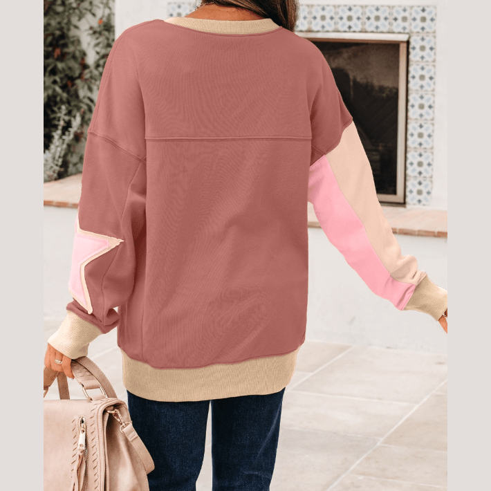 Blakelyn PInk Contrast Star Patchwork Exposed Seam Uneven Hem Drop Shoulder Sweatshirt