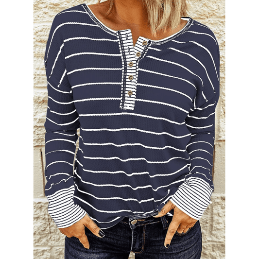 Casey Navy Striped Color Block Buttoned Waffle Knit Shirt