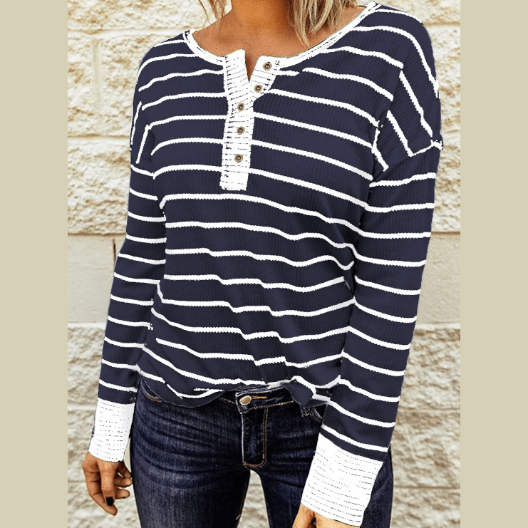 Casey Navy Striped Color Block Buttoned Waffle Knit Shirt