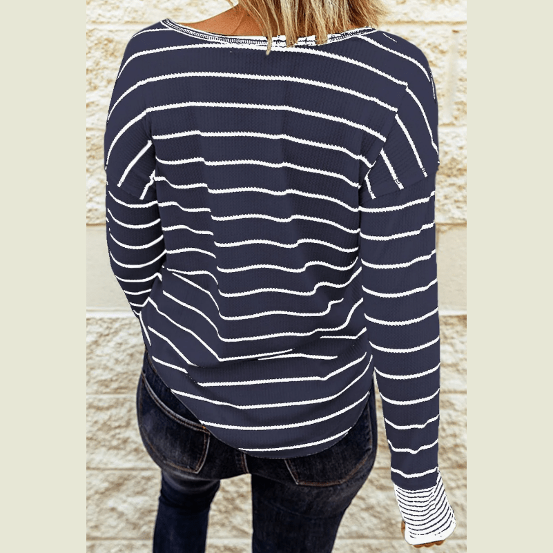 Casey Navy Striped Color Block Buttoned Waffle Knit Shirt