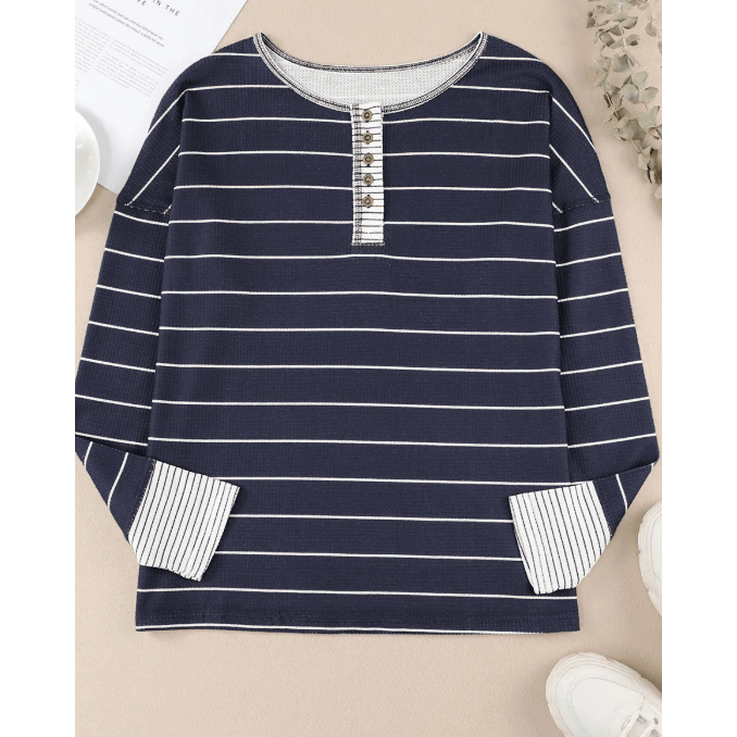 Casey Navy Striped Color Block Buttoned Waffle Knit Shirt