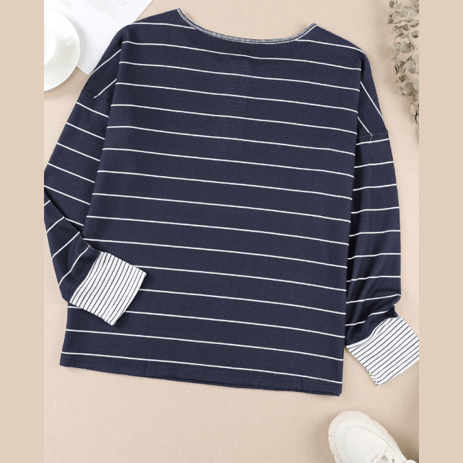 Casey Navy Striped Color Block Buttoned Waffle Knit Shirt