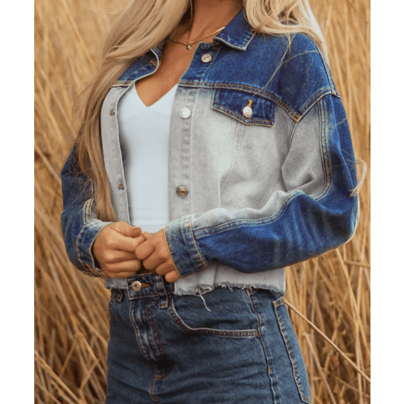 Devita Dusk Blue Color Block Patchwork Flap Detail Distress Denim Jacket