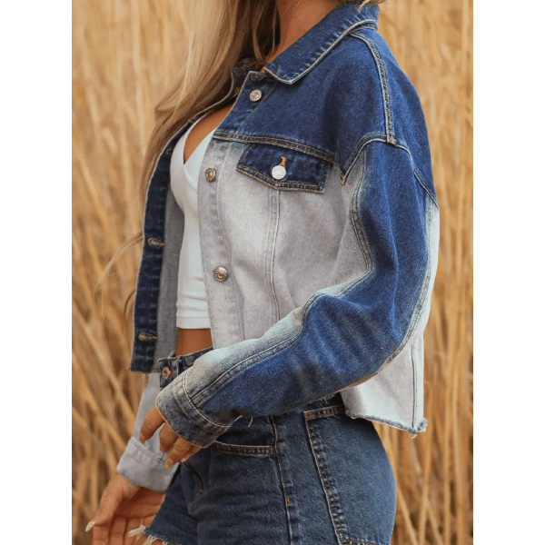 Devita Dusk Blue Color Block Patchwork Flap Detail Distress Denim Jacket