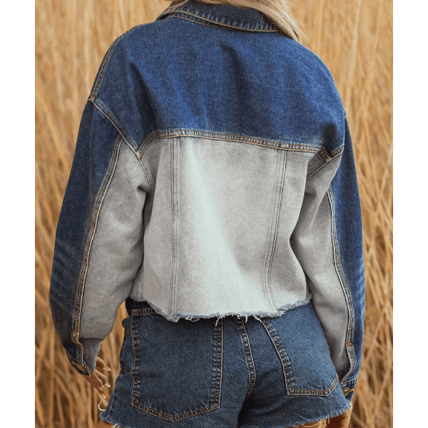 Devita Dusk Blue Color Block Patchwork Flap Detail Distress Denim Jacket
