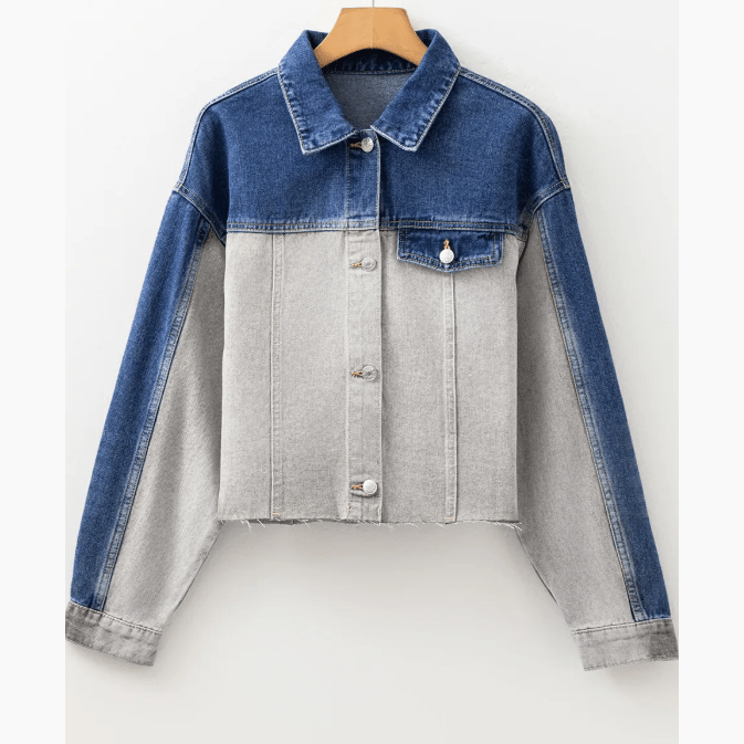 Devita Dusk Blue Color Block Patchwork Flap Detail Distress Denim Jacket
