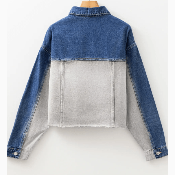 Devita Dusk Blue Color Block Patchwork Flap Detail Distress Denim Jacket