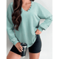 Skylee Mist Blue Mineral Wash Exposed Seam Buttoned V Neck Pullover Top