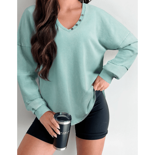 Skylee Mist Blue Mineral Wash Exposed Seam Buttoned V Neck Pullover Top