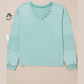 Skylee Mist Blue Mineral Wash Exposed Seam Buttoned V Neck Pullover Top