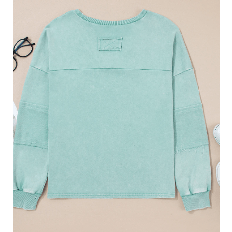 Skylee Mist Blue Mineral Wash Exposed Seam Buttoned V Neck Pullover Top