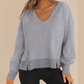 Gerri Grey Waffle Knit Notched V Neck Drop Shoulder Solid Sweatshirt