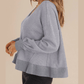 Gerri Grey Waffle Knit Notched V Neck Drop Shoulder Solid Sweatshirt