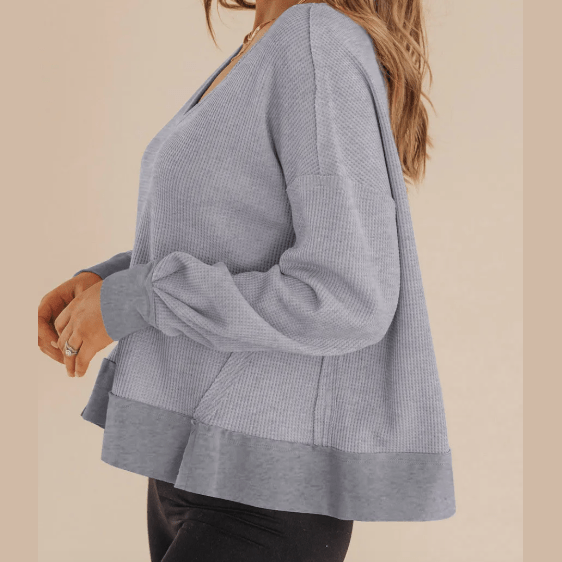 Gerri Grey Waffle Knit Notched V Neck Drop Shoulder Solid Sweatshirt