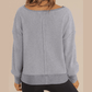 Gerri Grey Waffle Knit Notched V Neck Drop Shoulder Solid Sweatshirt