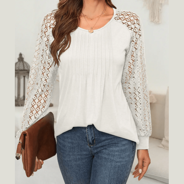 Holland White Lace Patchwork Long Raglan Sleeve Pleated Top