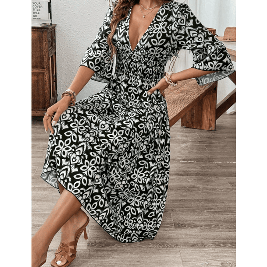 Jimma Black Bohemian V Neck Midi Dress