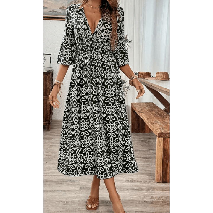 Jimma Black Bohemian V Neck Midi Dress