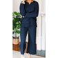 Pennie Navy Textured Collared V Neck Top and Wide Leg Pants Set