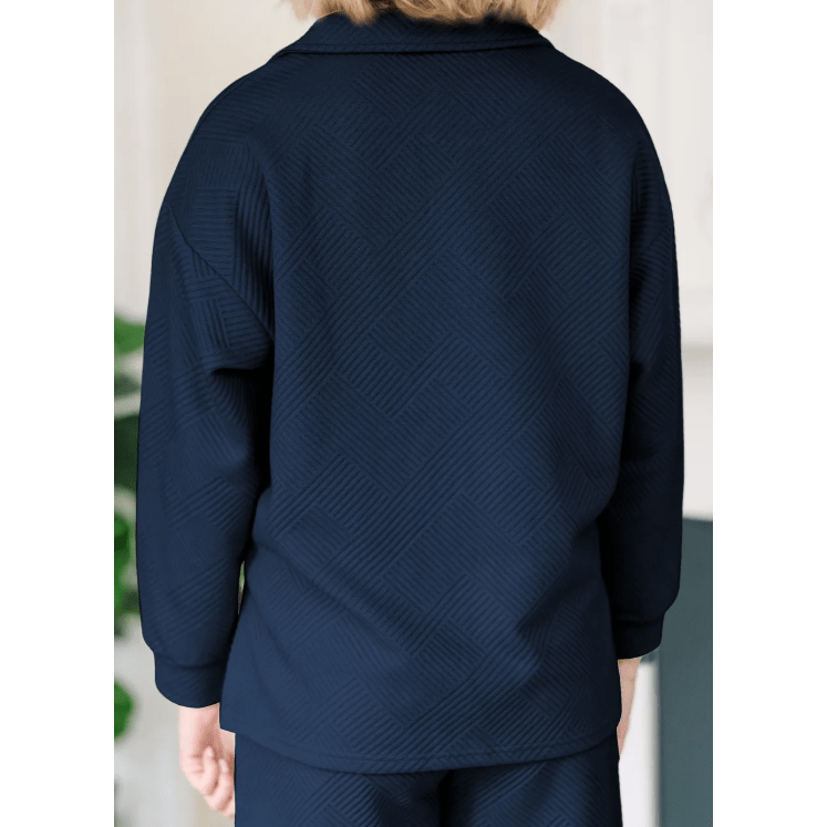 Pennie Navy Textured Collared V Neck Top and Wide Leg Pants Set