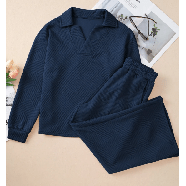 Pennie Navy Textured Collared V Neck Top and Wide Leg Pants Set