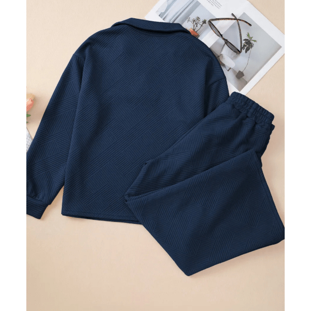 Pennie Navy Textured Collared V Neck Top and Wide Leg Pants Set