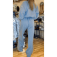Cristabelle Beau Blue Floral Patchwork Drop Shoulder Pullover and Sweatpants Lounge Set
