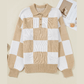 Gerda Beige Checkered Pattern Polo Collar Loose Sweater