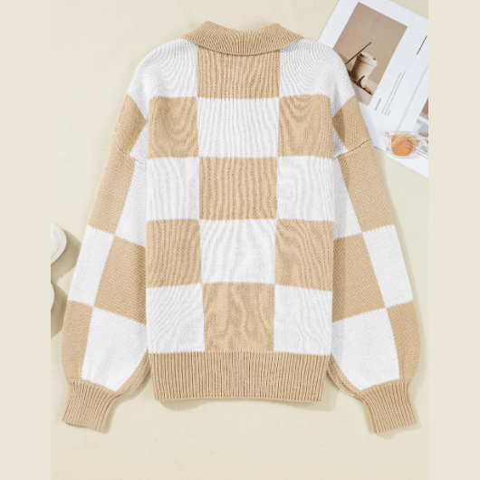 Gerda Beige Checkered Pattern Polo Collar Loose Sweater