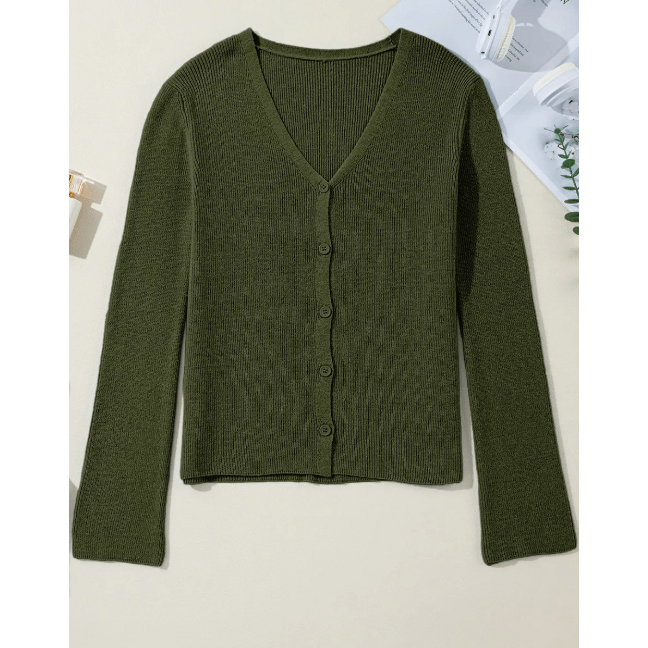 Leigh Green Lightweight Ribbed Knit Button Front V Neck Cardigan