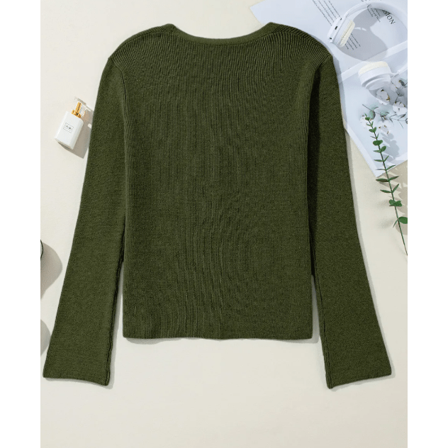 Leigh Green Lightweight Ribbed Knit Button Front V Neck Cardigan