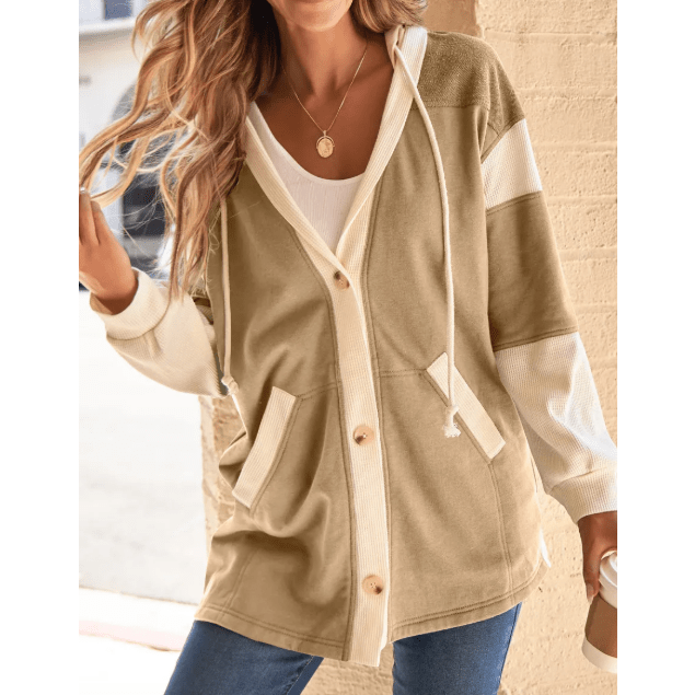 Bonnel Beige Waffle Contrast Knit Color Block Patchwork Button Front Oversize Hoodie