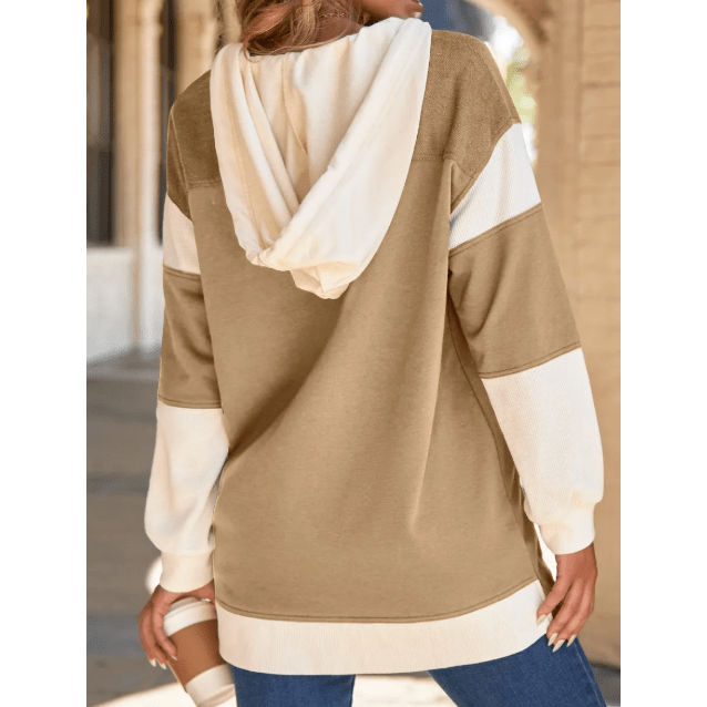 Bonnel Beige Waffle Contrast Knit Color Block Patchwork Button Front Oversize Hoodie