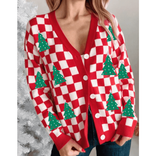 Red Checkered Christmas Tree Pattern Button V Neck Cardigan Sweater
