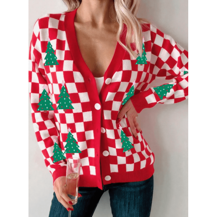 Red Checkered Christmas Tree Pattern Button V Neck Cardigan Sweater