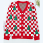 Red Checkered Christmas Tree Pattern Button V Neck Cardigan Sweater
