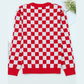 Red Checkered Christmas Tree Pattern Button V Neck Cardigan Sweater