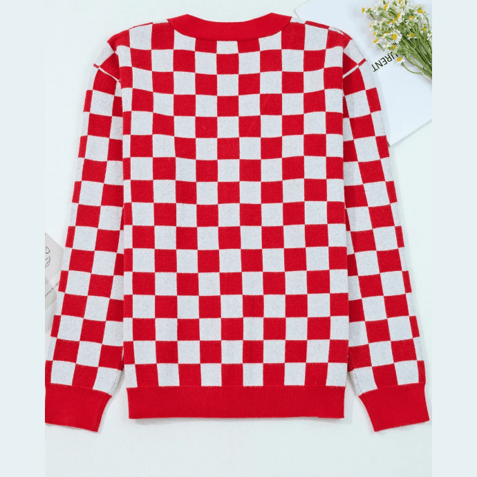 Red Checkered Christmas Tree Pattern Button V Neck Cardigan Sweater