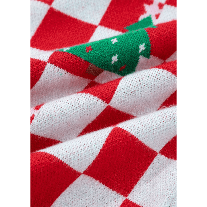 Red Checkered Christmas Tree Pattern Button V Neck Cardigan Sweater