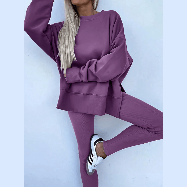 Mylah Orchid Mist Oversize Slit Sweatshirt Ribbed Leggings 2pcs Set